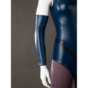 Raven Rachel Roth cosplay sleeve cover detail extends glossy blue fabric beneath a black diagonal strap.