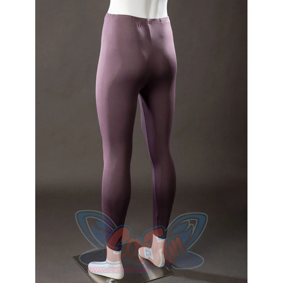 Raven Rachel Roth cosplay purple tights back view follows the fitted leg shape below the costume layers.