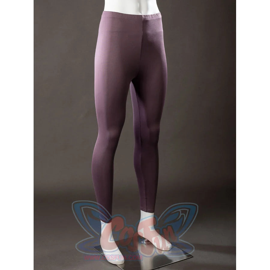 Raven Rachel Roth cosplay purple tights front view smooths a fitted mauve layer below the costume waist.