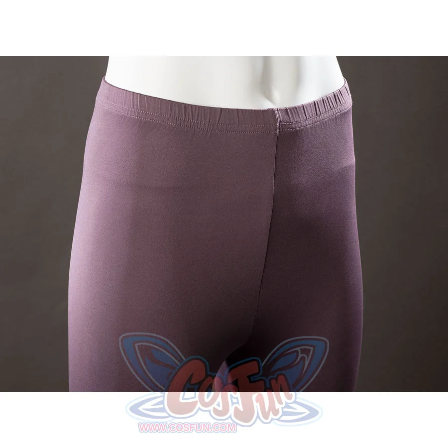 Raven Rachel Roth cosplay tights waist detail sets a ribbed mauve waistband above smooth purple fabric.