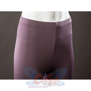 Raven Rachel Roth cosplay tights waist detail sets a ribbed mauve waistband above smooth purple fabric.