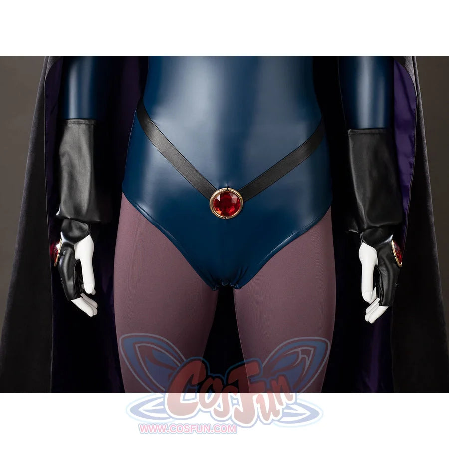 Raven Rachel Roth cosplay waist accent detail sets a red gem-like center above the purple tights.