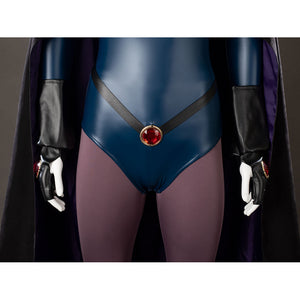 Raven Rachel Roth cosplay waist accent detail sets a red gem-like center above the purple tights.