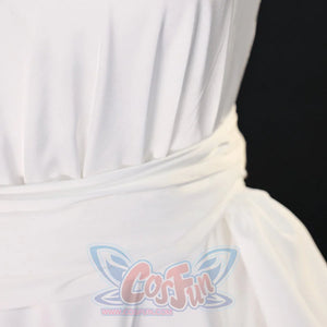 Close-up of Re:Zero Emilia cosplay costume front waist with white sash layers, pleated bodice, and side bow