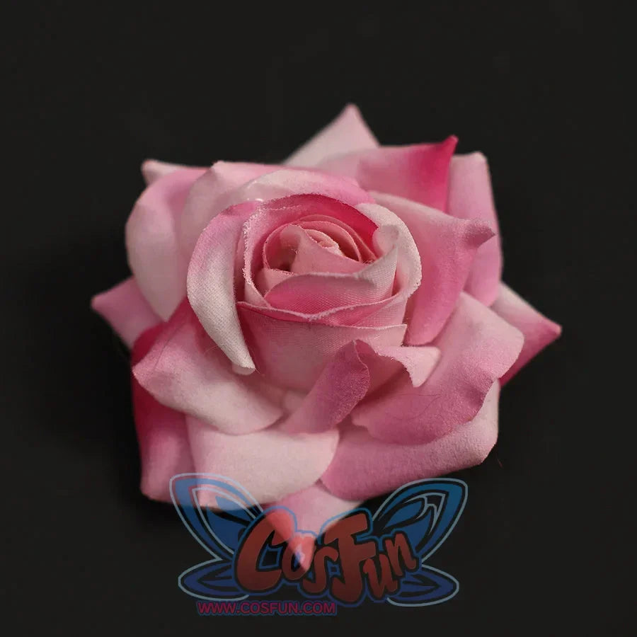 Re:Zero Emilia cosplay headpiece close-up highlighting a layered pink rose design