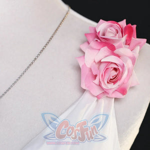 Close-up of Re:Zero Emilia cosplay costume shoulder rose with layered pink petals and silver necklace chain
