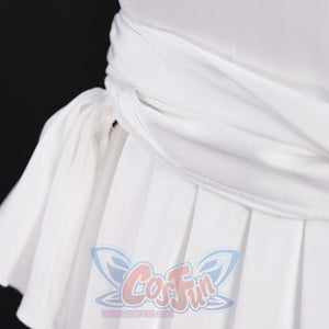 Side waist detail of Re:Zero Emilia cosplay costume with wrapped white sash, bow tie, and pleated skirt