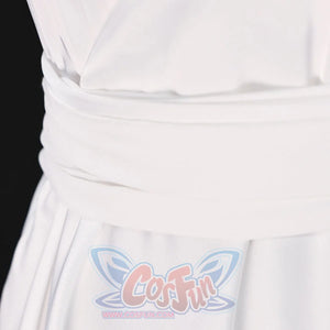 Waist close-up of Re:Zero Emilia cosplay costume with white wrap sash over pleated skirt and soft bodice folds