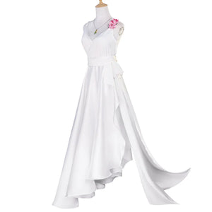 Full front view of Re:Zero Emilia cosplay costume with white dress, waist sash, pink shoulder rose, and flowing panels
