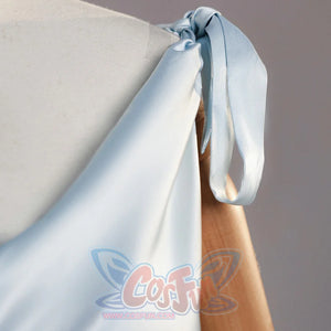 Back shoulder close-up of Re:Zero Rem cosplay costume with pale blue tie strap and draped train fabric