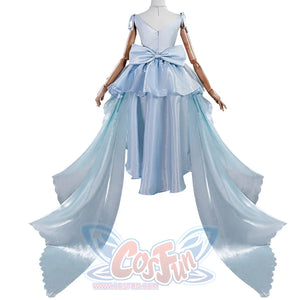 Back view of Re:Zero Rem cosplay costume with pale blue dress, large waist bow, layered skirt, and flowing side train