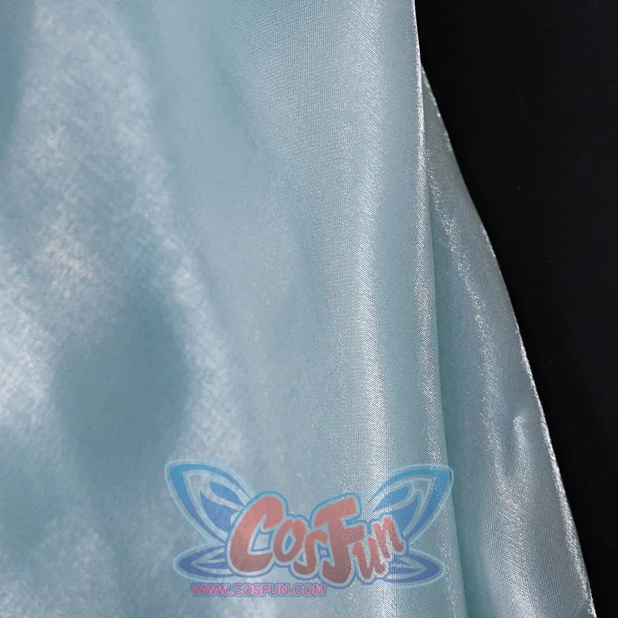 Re:Zero Rem cosplay train fabric close-up with pale blue sheen, soft folds, and stitched edge
