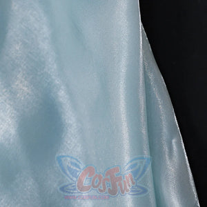 Fabric close-up of Re:Zero Rem cosplay costume train showing pale blue sheen, soft folds, and stitched edge