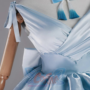 Close-up of Re:Zero Rem cosplay costume bodice with V-neck wrap front, shoulder tie, and blue tassel necklace