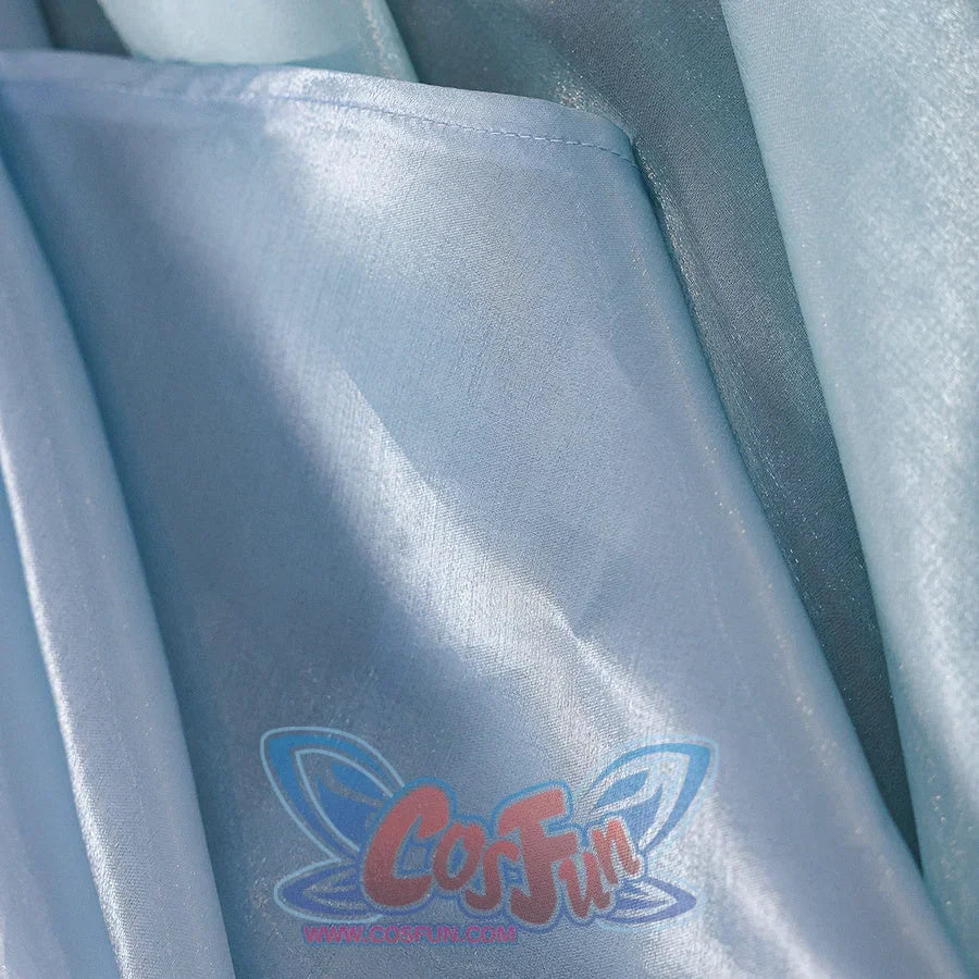 Re:Zero Rem cosplay layered train close-up showing glossy pale blue panels and a folded edge