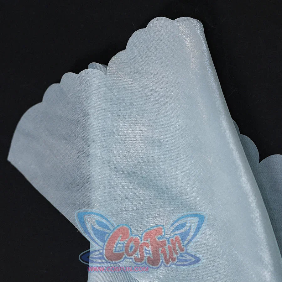 Re:Zero Rem cosplay train hem close-up highlighting pale blue fabric, scalloped edge, and soft sheen
