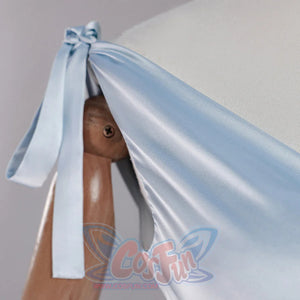 Shoulder close-up of Re:Zero Rem cosplay costume with pale blue tied strap and draped fabric over the bodice