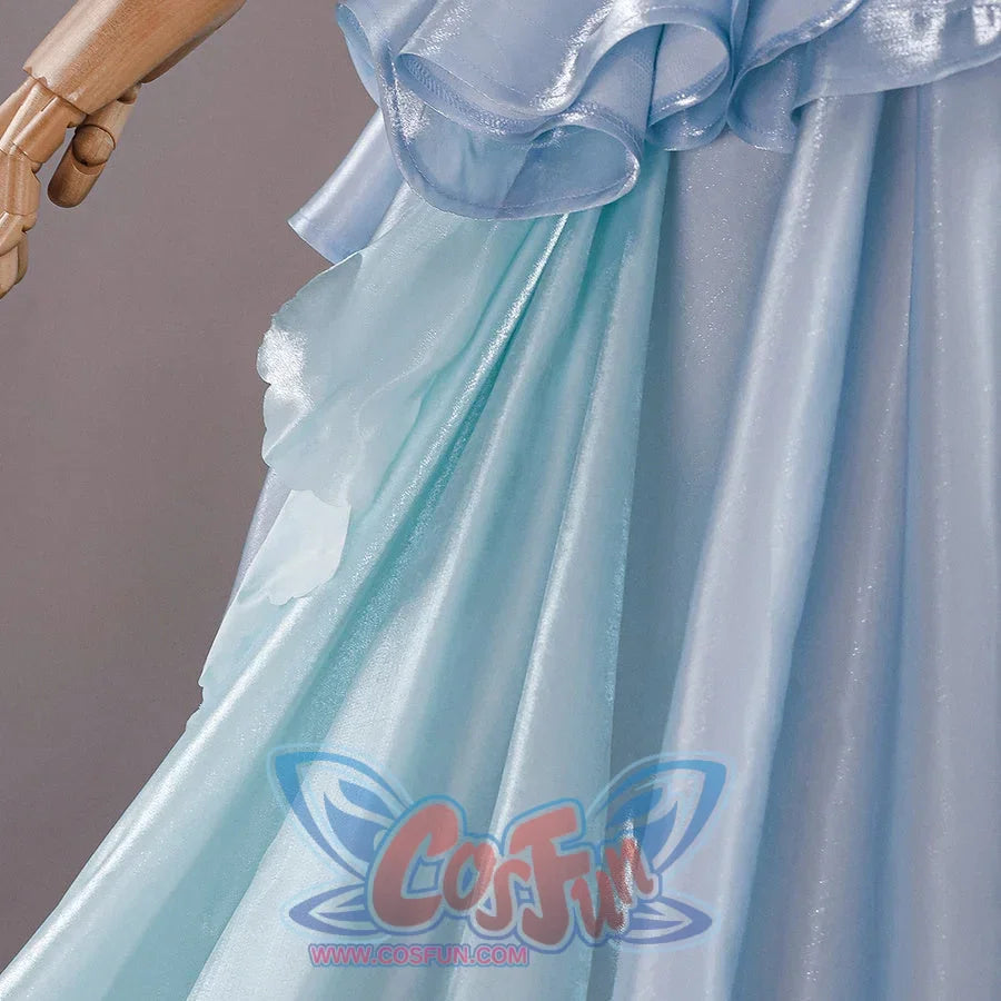 Re:Zero Rem cosplay side train view with layered pale blue panels and long draped fabric