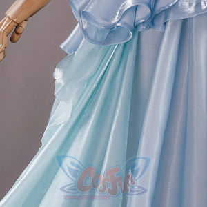 Side view of Re:Zero Rem cosplay costume lower skirt with layered pale blue train and draped fabric panels