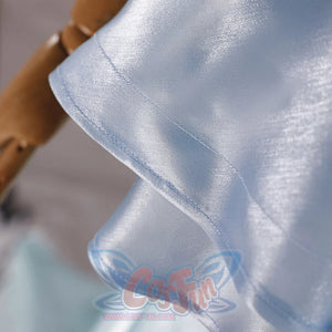 Close-up of Re:Zero Rem cosplay costume train hem with glossy pale blue fabric and curved stitched edge