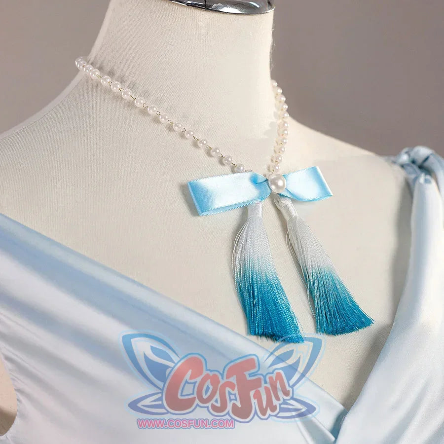 Re:Zero Rem cosplay upper bodice view showing a pearl-like necklace, blue tassels, and shoulder tie