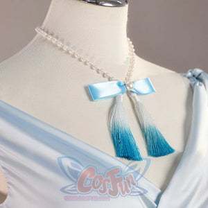 Upper front view of Re:Zero Rem cosplay costume with pearl necklace, blue tassels, wrap neckline, and shoulder tie