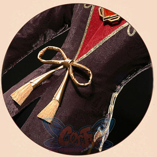 Genshin Impact Hu Tao cosplay tunic centers a gold tasseled bow tie above a red chest insert and jewel accent.