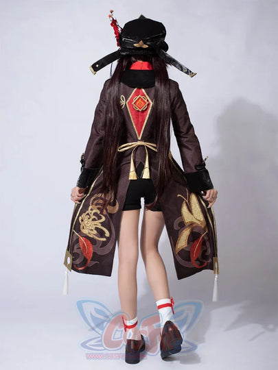 Genshin Impact Hu Tao cosplay coat frames embroidered back tassels above black shorts and an ornate black floral hat.
