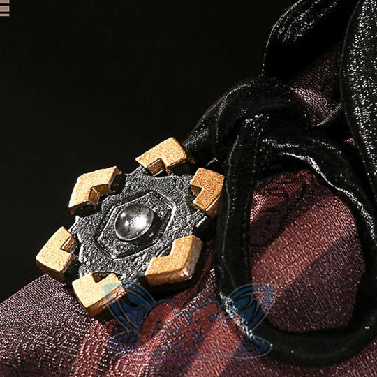 Genshin Impact Hu Tao cosplay collar prop pairs maroon fabric and black velvet above an attached ornate metal badge.