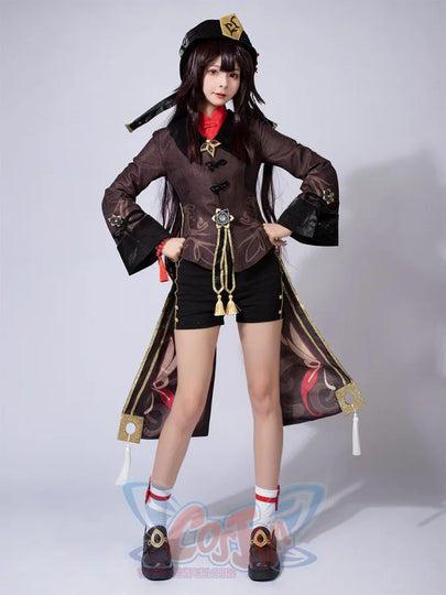 Genshin Impact Hu Tao cosplay set balances a brown tailed jacket alongside a hat, red collar piece, and socks.