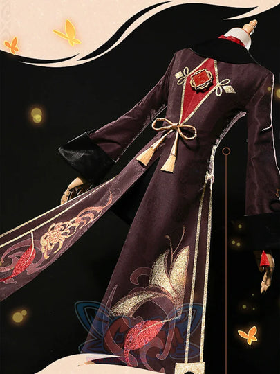Genshin Impact Hu Tao cosplay robe balances deep red bell cuffs against a gold cord tassel and decorative chest emblem.