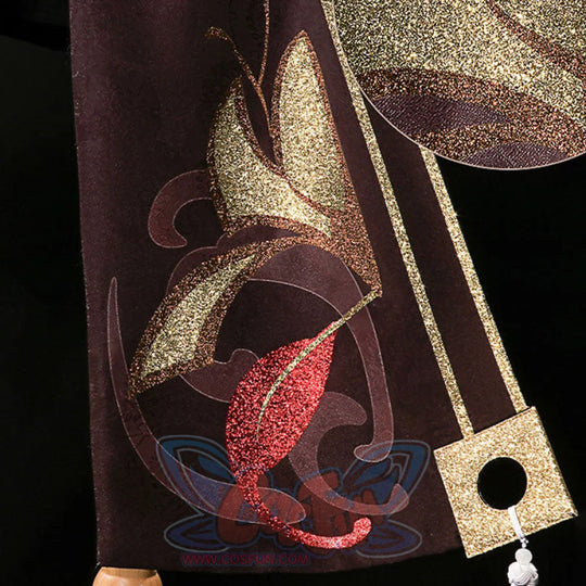 Genshin Impact Hu Tao cosplay coat traces a gold glitter butterfly applique above a red glitter leaf and hanging gold tassel.
