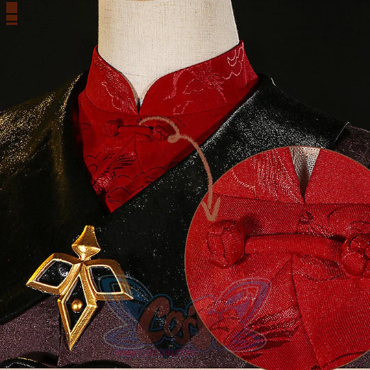 Genshin Impact Hu Tao cosplay inner garment layers a red cheongsam beneath a black vest and gold-purple geometric brooch.