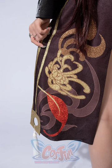 Genshin Impact Hu Tao cosplay fabric layers gold glitter chrysanthemum and red glitter petal details along vertical gold.