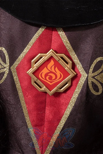 Genshin Impact Hu Tao cosplay chest prop centers a gold-framed orange flame motif flanked by gold glitter swirl trim.