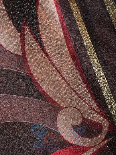 Genshin Impact Hu Tao cosplay fabric layers rose and maroon feather print beside red piping and a gold glitter stripe.
