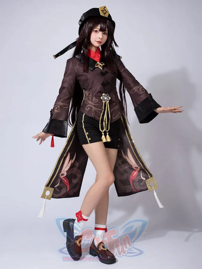 Genshin Impact Hu Tao cosplay coat pairs dark brown patterned tails over black shorts and brown platform shoes.