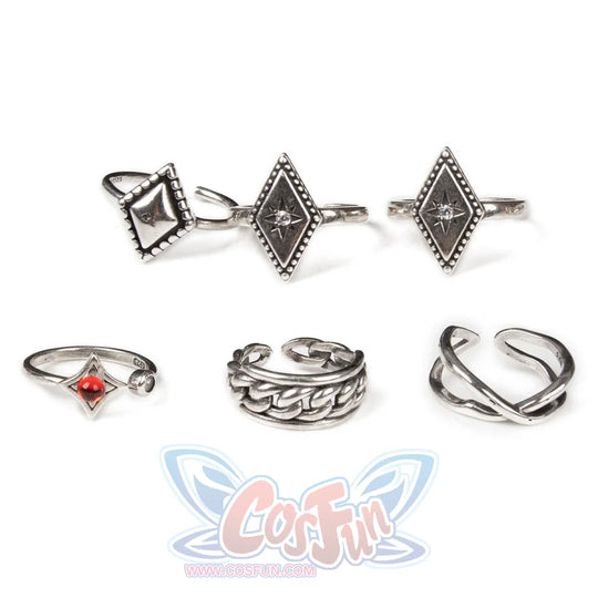Genshin Impact Hu Tao cosplay rings set three diamond studs alongside a red-stone setting and a chain-link band.
