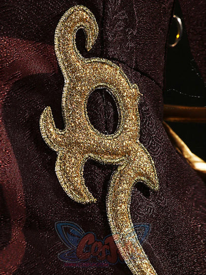 Genshin Impact Hu Tao cosplay fabric centers an ornate gold filigree applique across maroon patterned jacquard satin.