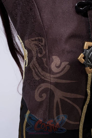 Genshin Impact Hu Tao cosplay top traces geometric gold closures across purple patterned fabric above a gold-trimmed skirt.