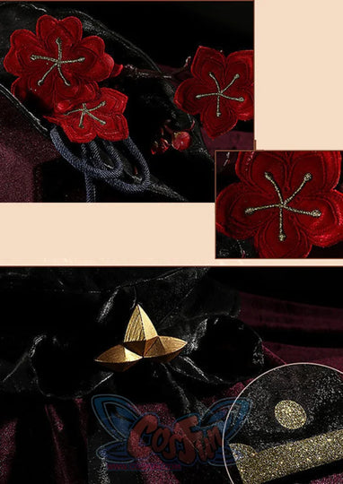 Genshin Impact Hu Tao cosplay embroidery centers red and gold flower details alongside a gold pyramid-shaped accent.