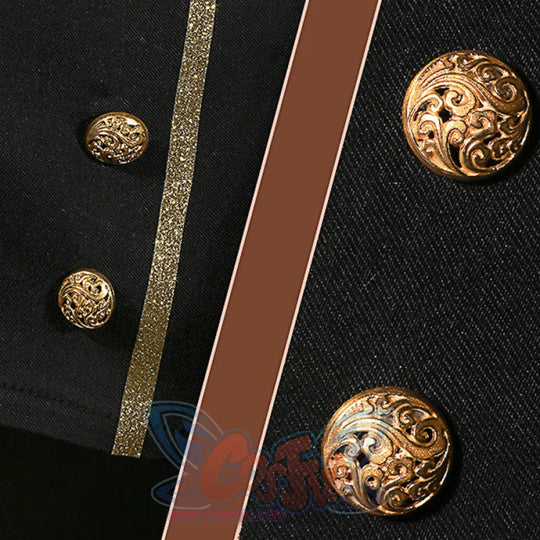 Genshin Impact Hu Tao cosplay garment anchors ornate gold filigree buttons along brown and metallic gold ribbon trim.