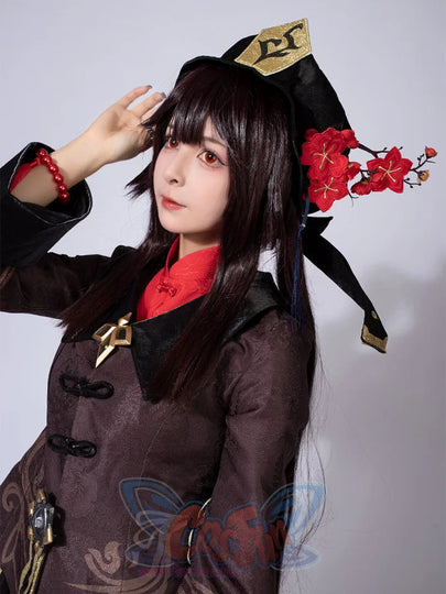 Genshin Impact Hu Tao cosplay costume layers a black high-collar tunic over patterned trousers and a back sash.