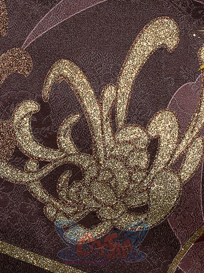 Genshin Impact Hu Tao cosplay fabric centers a large swirling gold glitter applique across dark purple textured cloth.