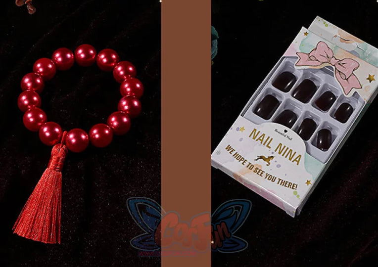 Genshin Impact Hu Tao cosplay bracelet pairs a red beaded tassel band alongside a box of dark square press-on nails.