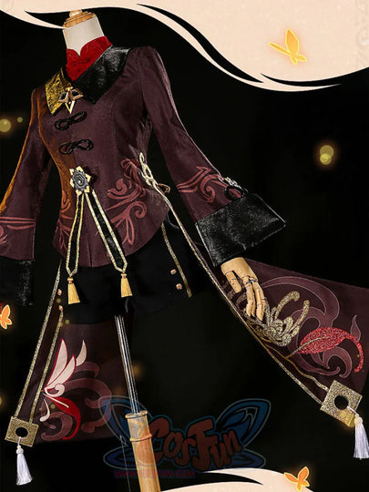 Genshin Impact Hu Tao cosplay coat centers gold embroidery across a dark red high-collar jacket above tailored shorts.
