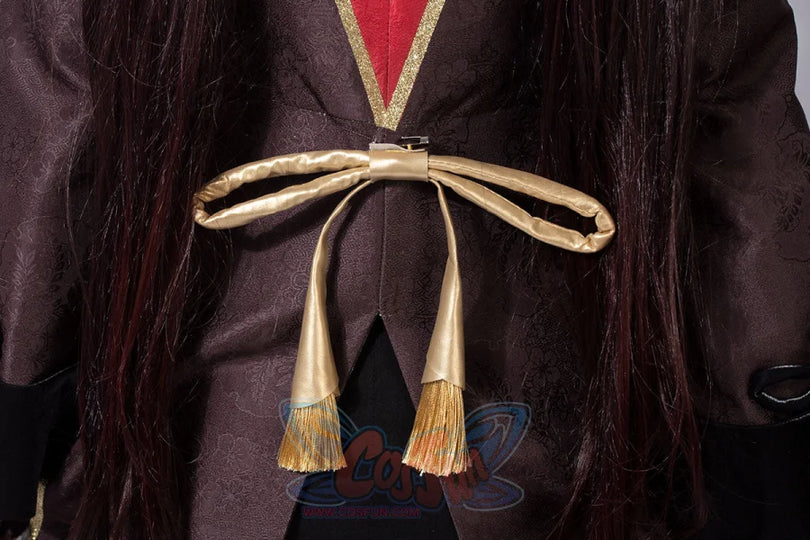 Genshin Impact Hu Tao cosplay coat centers a gold obi knot over red lining trimmed in gold glitter tassels.