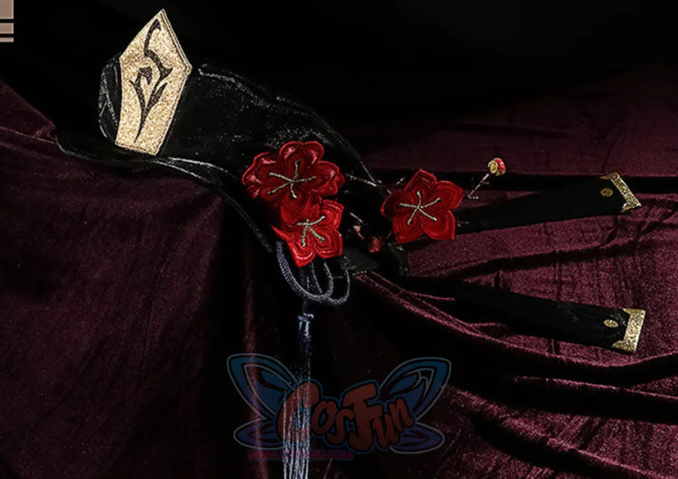 Genshin Impact Hu Tao cosplay hat balances a stiff gold diamond badge against red flower clusters and long black streamers.