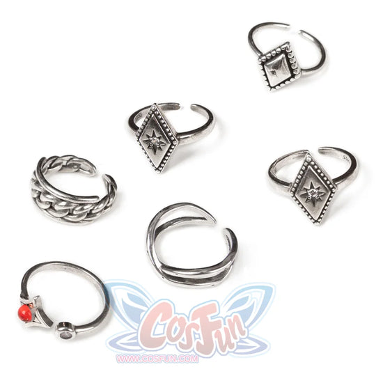 Genshin Impact Hu Tao cosplay rings set six silver-toned bands across starburst, swirl, gem, and orange-stone designs.
