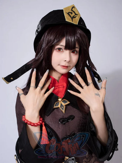 Genshin Impact Hu Tao cosplay costume centers a patterned qipao top alongside silver rings and a red beaded bracelet.